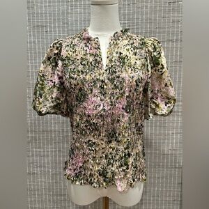 🩷 Go Silk Go Printed Sunday in Park Smocked Floral Puff-Sleeve Top 🩷